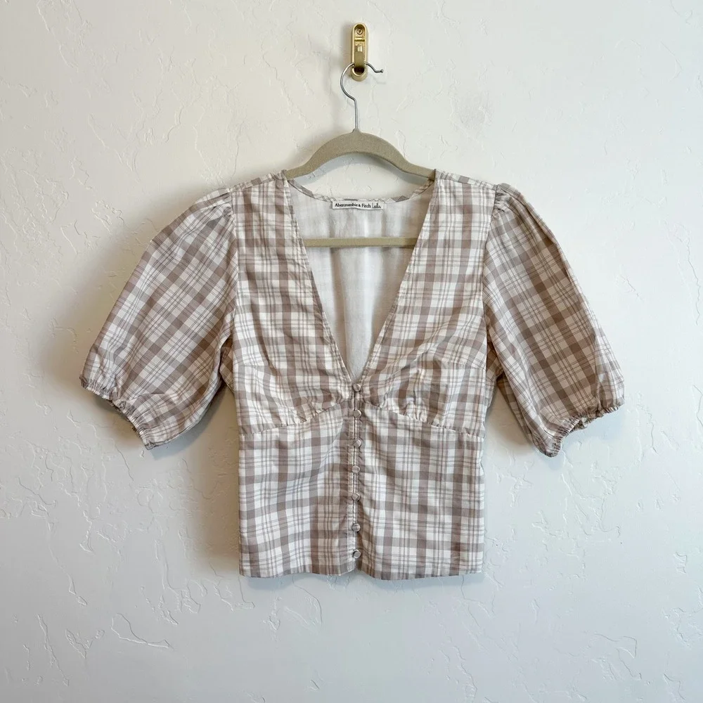 Abercrombie | Plaid V-Neck Puff Sleeve Button Top